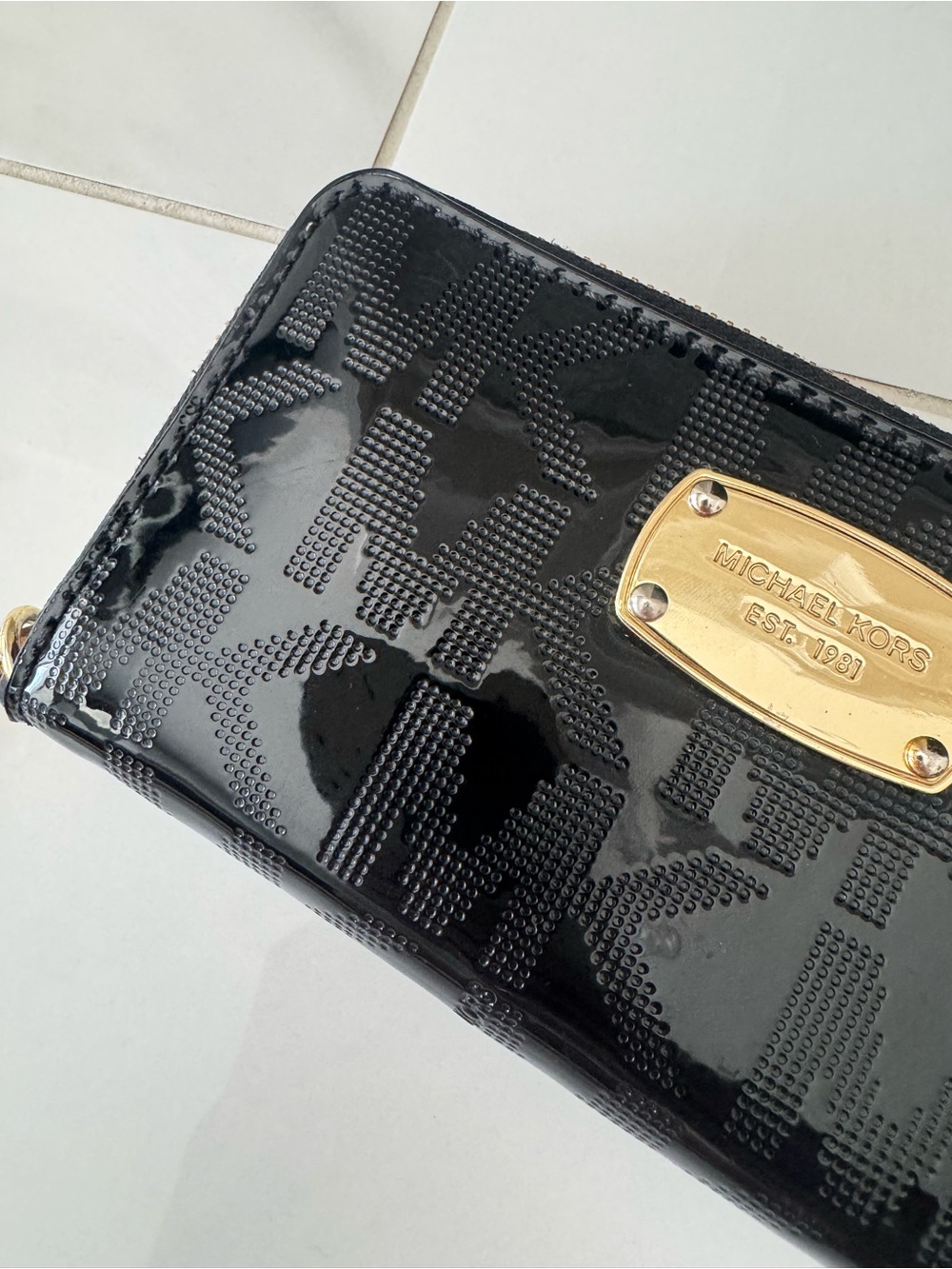 Michael Kors Black Patent Logo Zip Wristlet with Gold Plaque